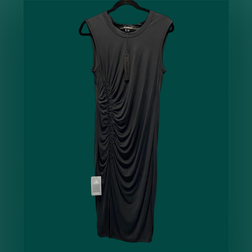 NWT Le Chateau Washed Black Lined Ruched Side Slit Midi Dress - Size S - Picture 2 of 7